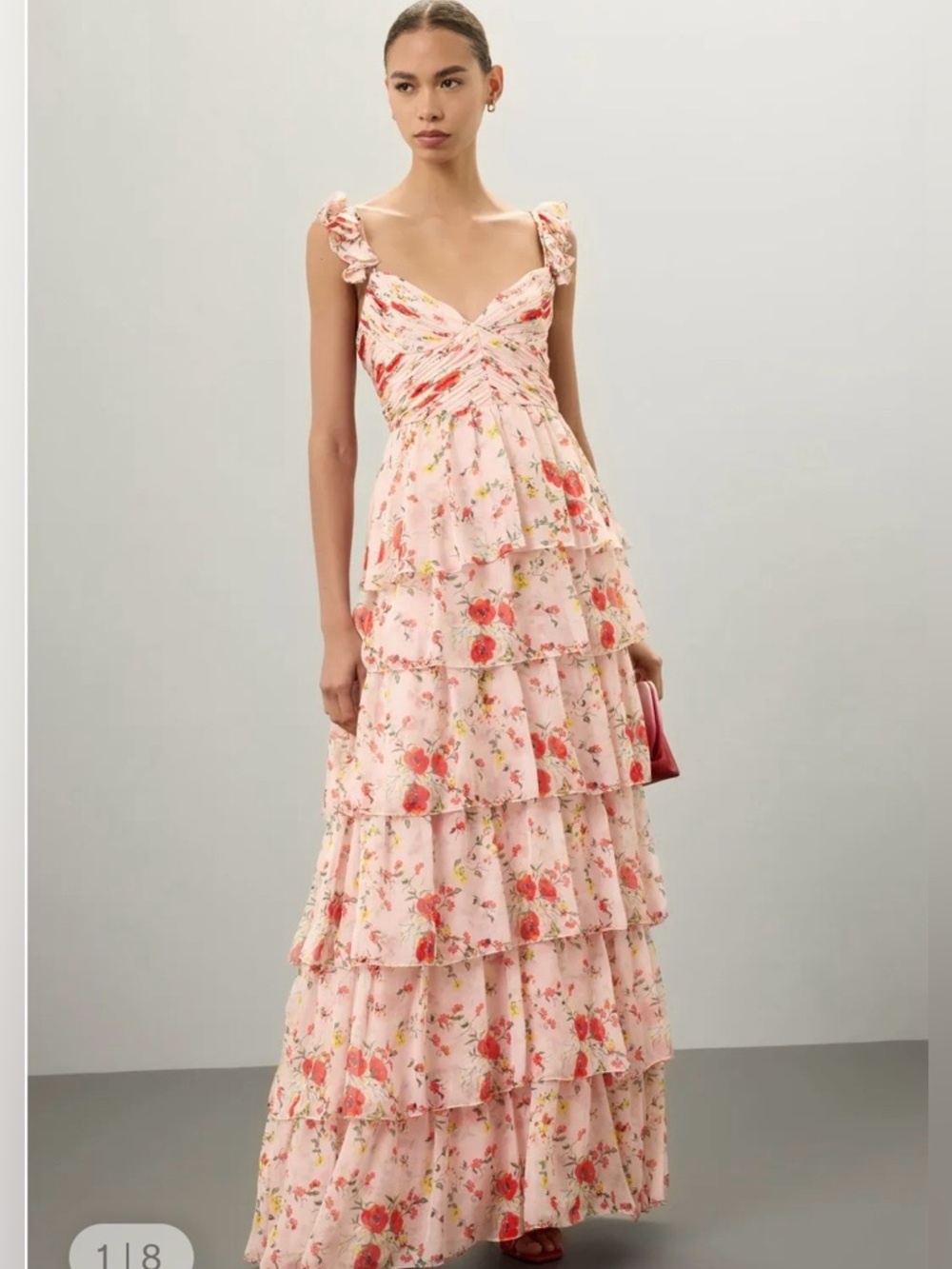 Ieena for Mac Duggal Sleeveless Tiered Pink Floral Ruffle Midi Dress